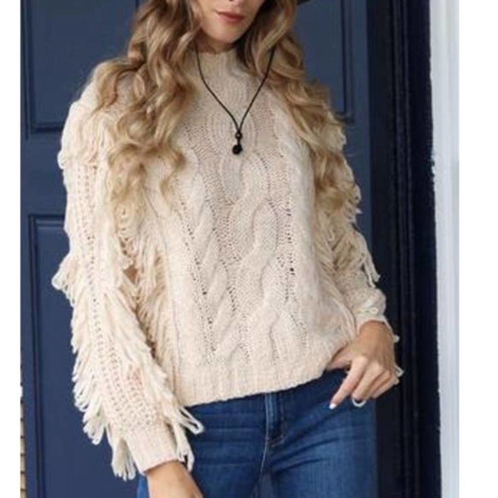 525 America Western Fringe Cable Knit cream Boho Sweater size M